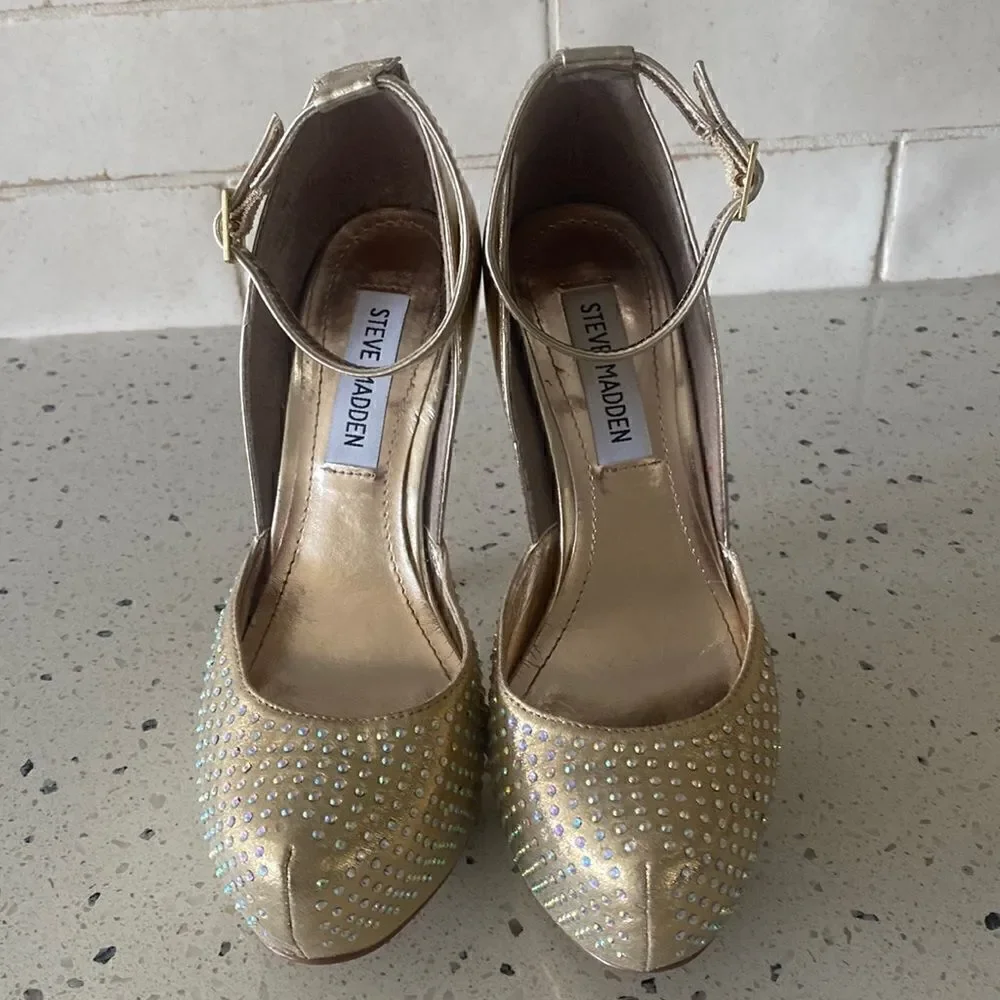 Steve Madden MEA Gold Bling Platform Stiletto Heels Ankle Strap Size Size 6